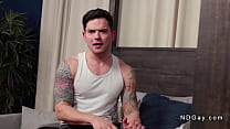 Tattooed muscle director Dakota Payne open up pale gay Alex Tate and strip him off and kiss then with big cock anal fuck on the set
